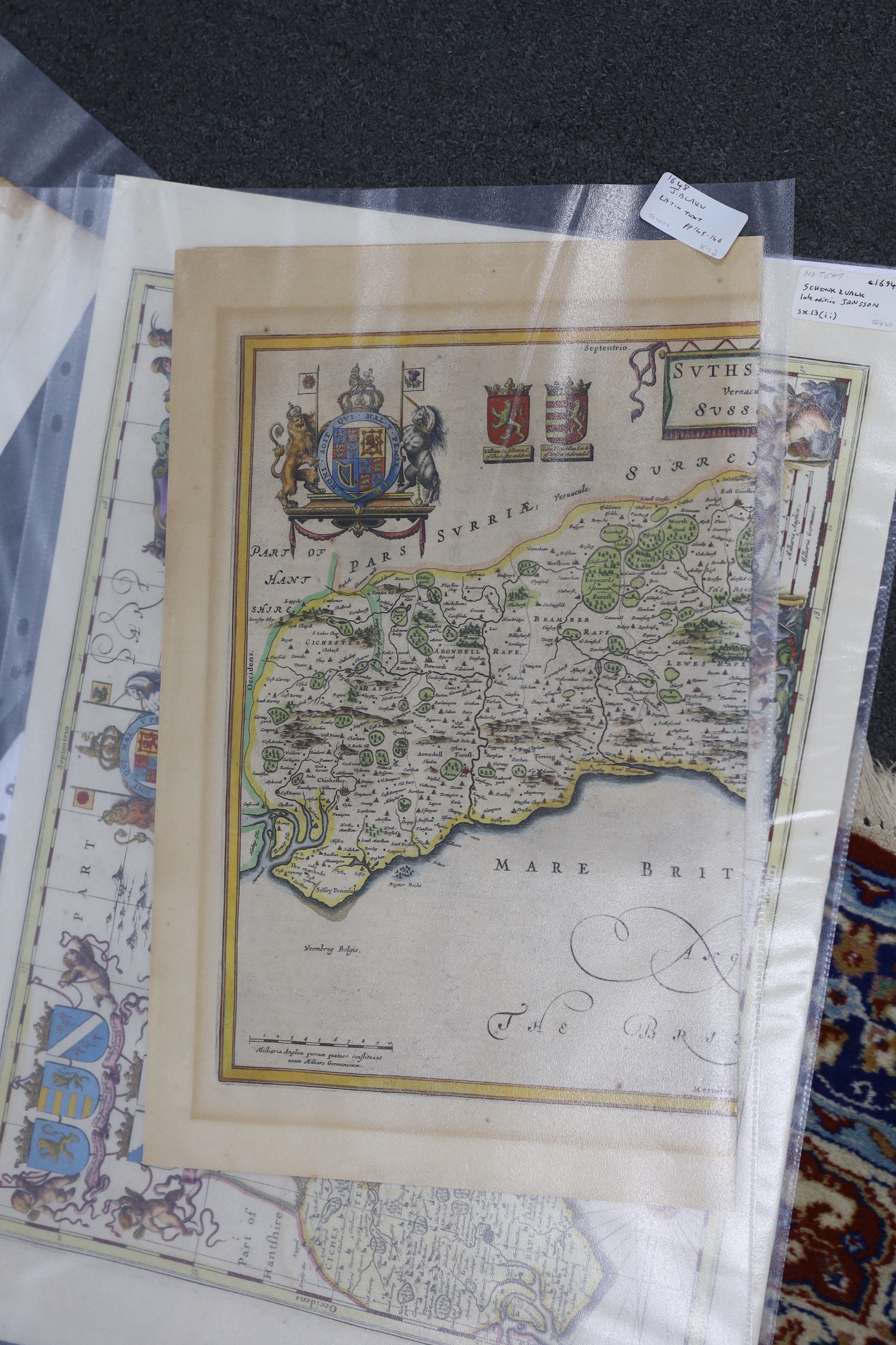 Three unframed 17th century maps of Sussex; a Valk & Schenk, 41 x 58cm and two by Johannes Blaeu, 46 x 59cm and 50 x 61cm